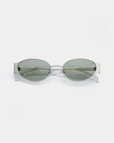 Sølv metal A.Kjærbede solbriller, mørk glas, klar stel, hænglser, liggende